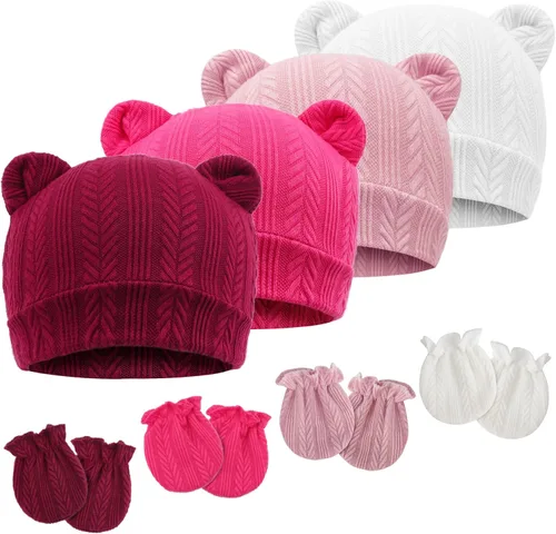 Vista 23 de Conjunto de gorro y mitones para recién nacidos con orejas de oso, gorro para bebé, gorro de hospital para bebé niño o niña, de 0 a 3 meses 4