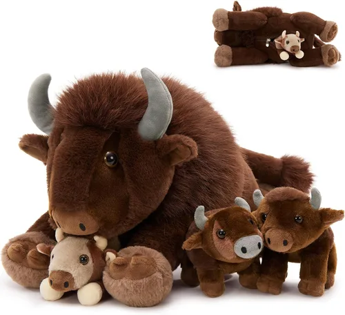 Vista 8 de MorisMos 4 piezas de animales salvajes africanos de peluche, mamá de 18 pulgadas con 3 cachorros de bebé, juguetes de peluche suaves y esponjosos
