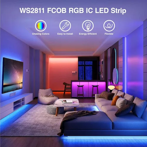 Vista 2 de HAMRVL FCOB WS2811 RGB COB Tira de luces LED, DC12V flexible de alta densidad uniforme de color persecución inteligente de luz de cinta IC 576LED/m