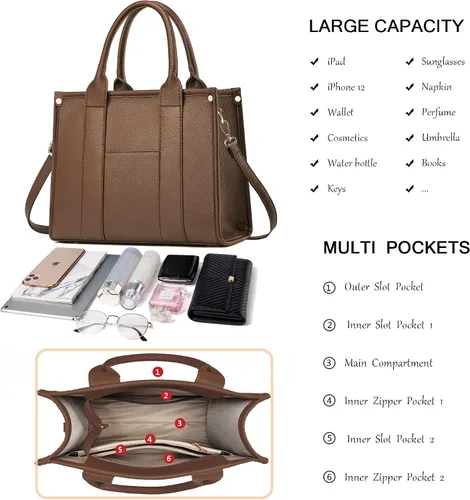 Vista 6 de COCIFER The Tote Bag - Bolso cruzado para mujer, bolso de hombro, bolsos de mano de piel sintética con asa superior con cremallera