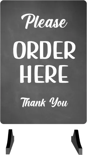 Vista 3 de Letrero con texto en inglés «Please Order Here» – Café, Takeaway, Cafetería, Sandwichería, letrero de mostrador, tamaño A4 (soporte negro)