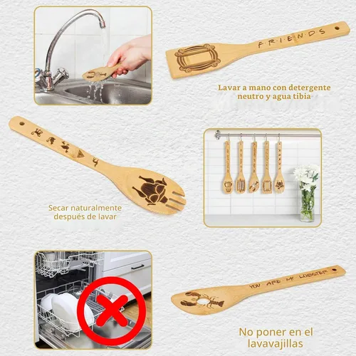 Vista 6 de Friends - Cucharas de madera para cocinar, juego de utensilios de cocina de 6 piezas con soporte, regalos para fanáticos, productos de programas