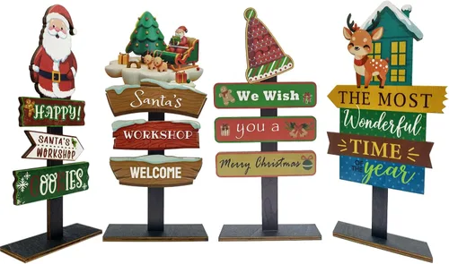 Vista 8 de Decoraciones de mesa de Navidad, 4 tableros rectangulares de madera, estilo rústico de granja, policromo, 8.86 x 4.72 pulgadas, montaje en pared
