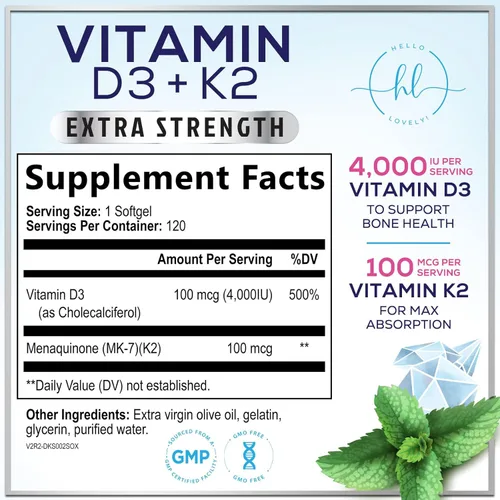Vista 2 de Vitamina D con K2 (MK-7) – Vitamina D3 4000IU (125 mcg) por porción – Suplemento complejo D3K2 para huesos, dientes, músculos, absorción de calcio