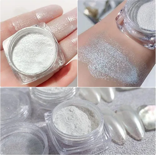Vista 6 de 2 polvos de uñas de cromo perlado, aurora transparente hielo, pigmento iridiscente camaleón blanco para uñas, purpurina nacarada de alto brillo