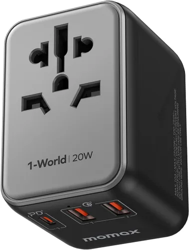 Vista 15 de MOMAX Adaptador de viaje universal, adaptador de enchufe internacional de 20 W+18 W con 2 USB-A de carga rápida y 1 USB C PD de carga rápida, 1 CA