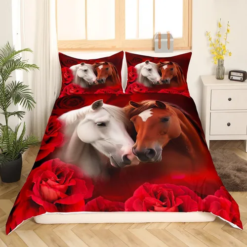Vista 3 de Funda de edredón de caballo blanco y marrón, juego de ropa de cama 3D de animales de granja occidental para niñas y niños, funda de edredón