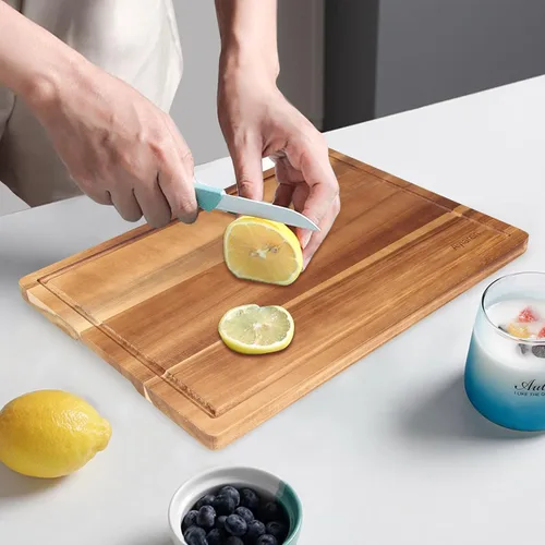 Vista 6 de Tablas de cortar de madera de acacia maciza para decoración de cocina, tabla de embutidos de madera, tablas de queso de carne, bloque de carnicero