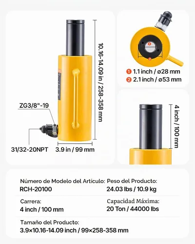 Vista 7 de Mophorn Gato Hidráulico de 20T 4" de Círculo Hueco de Acción Simple Cilindro Hidráulico de Ram 100mm Cilindros Hidráulicos de Elevación