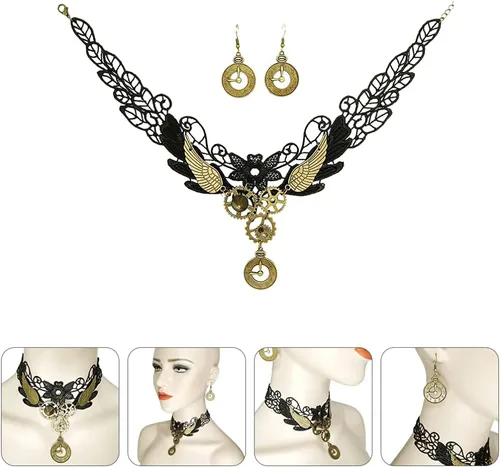 Vista 9 de Generic Gargantilla de encaje gótico, aretes vintage, collar steampunk, gargantilla de engranaje, accesorios de disfraz para mujeres y niñas, 3