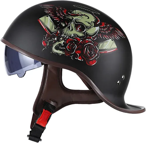 Vista 14 de Hanhua Medio casco de motocicleta para adultos, hombres y mujeres, casco de calavera de cara abierta vintage, aprobado por DOT/ECE, AVT Cruiser