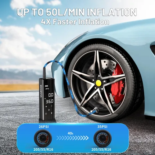Vista 2 de Inflador de neumáticos Compresor de aire portátil, 150PSI Inalámbrico y 4 veces más rápido, Bomba de aire de 12000 mAh, Pantalla táctil completa