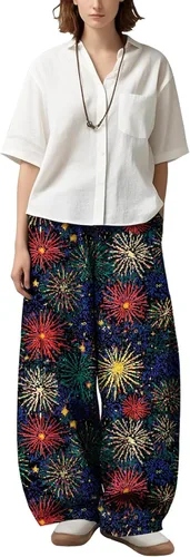 Vista 11 de Womens Wide Leg Firework Pattern Pants High Waist Cotton Blend Lantern Trousers Casual Summer Loungewear