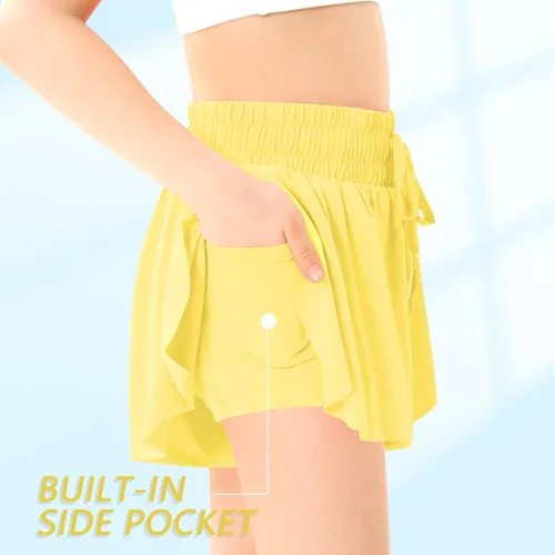 Vista 3 de Pantalones cortos deportivos de mariposa para niñas, pantalones cortos fluidos con bolsillo 2 en 1, pantalones cortos para correr, entrenamiento