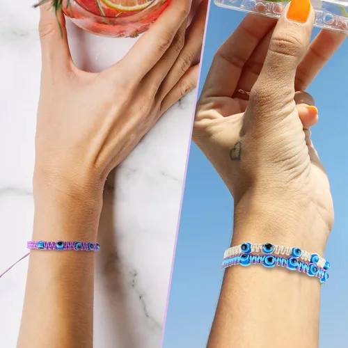 Vista 5 de Hicarer 8 pulseras de cuentas de mal de ojo ajustable azul contra el mal de ojo, pulseras de protección de la cábala, pulsera de amistad, tejida a
