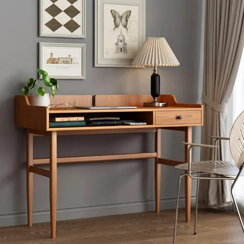 Vista 9 de Escritorio de maquillaje de madera negra que ahorra espacio, mesa moderna para computadora con cajones y asas doradas