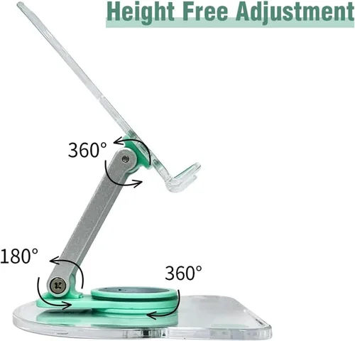 Vista 7 de Soporte acrílico para tablet con base giratoria de 360°, soporte plegable ajustable transparente para escritorio, oficina en casa, compatible
