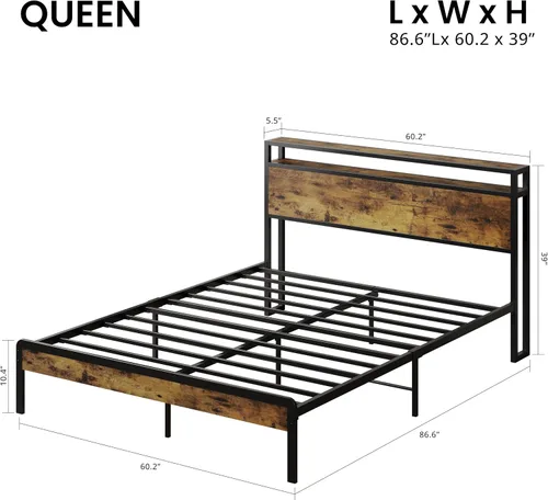 Vista 2 de LIKIMIO Marco de cama tamaño Queen, cama de plataforma con cabecera de almacenamiento de 2 niveles Marco de cama de metal, sólido y estable, sin