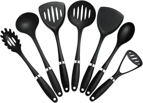 Vista 8 de Juego de herramientas de cocina de nailon resistente a altas temperaturas, kit de palas de 10 piezas de utensilios de cocina negros, suministros