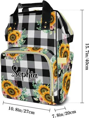 Vista 7 de Mochila de pañales con patrón de girasol con nombre, bolsa multifunción de gran capacidad para mamá, papá, unisex, niño y niña, Diseño 1, Mochilas