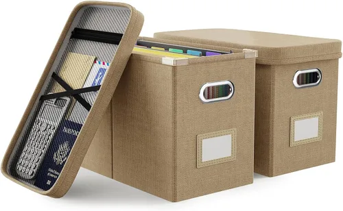 Vista 14 de Oterri Caja organizadora de archivos con tapa, caja de archivos colgante con bolsillo de malla, caja organizadora de documentos para archivos