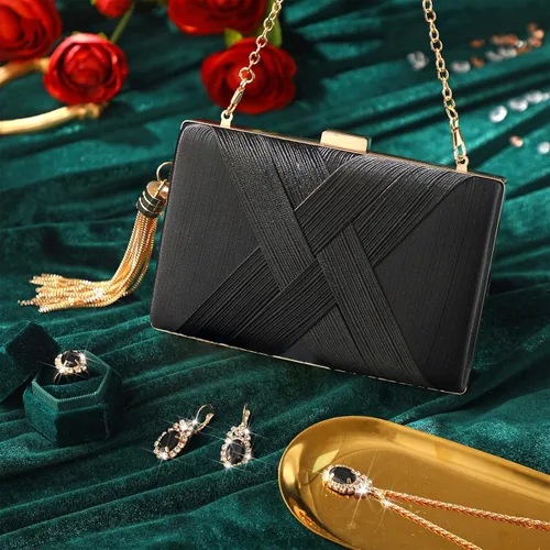 Vista 7 de Quelay Juego de 4 piezas de bolso de mano de satén para mujer, bolso de noche para banquete de boda, bolso de mano, collar vintage, aretes, juego