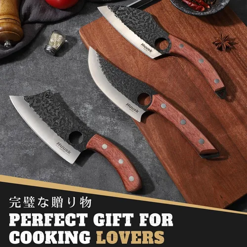 Vista 2 de Huusk - Juego de 3 cuchillos japoneses para cortar carne, juegos de cuchillos vikingos forjados a mano con cuchillo de carne, juegos de cuchillos