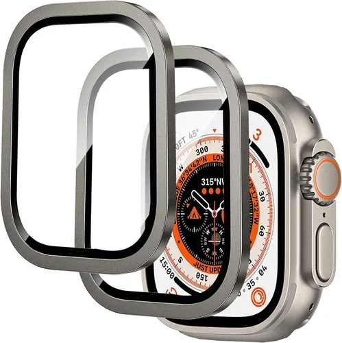 Vista 10 de Miimall Paquete de 2 protectores de pantalla de titanio para Apple Watch Ultra/Ultra 2 de 1.732 pulgadas, marco de titanio + vidrio templado