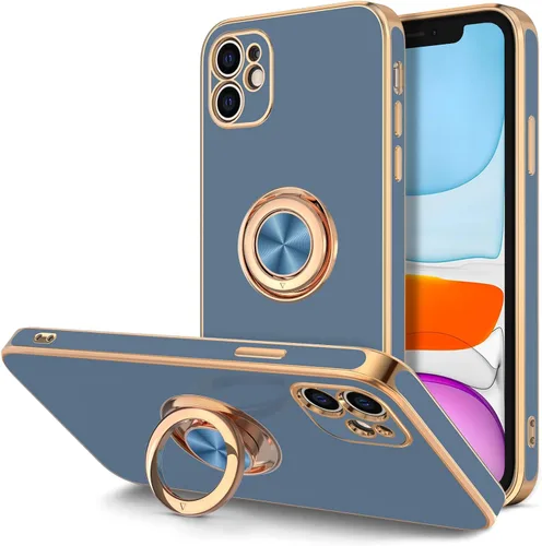 Vista 9 de Hython Funda para iPhone 11 con soporte de anillo [soporte de anillo giratorio de 360° con soporte magnético] [borde de oro rosa chapado en brillo]