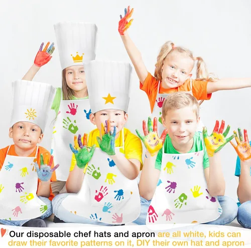 Vista 7 de JaGely Juego de 60 piezas de delantal y sombrero de chef con 30 delantales, 30 sombreros blancos, disfraz para niñas, niños, cocina, pintura