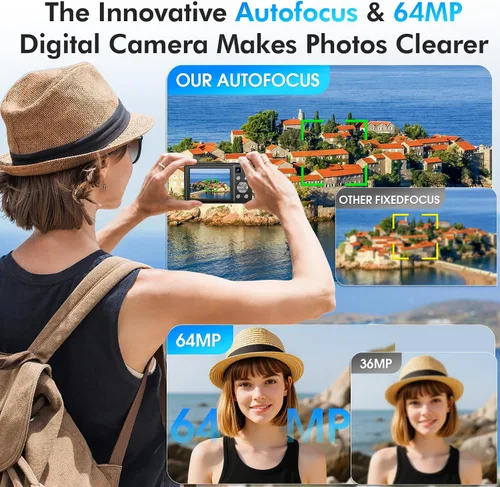 Vista 3 de Cámara digital 4K, cámara de videoblogs de 64 megapíxeles con enfoque automático y lente dual, zoom digital 16X, cámara compacta de YouTube