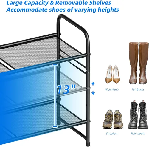 Vista 7 de SUFAUY Zapatero de malla de 3 niveles, estante de zapatos de metal para armario de 33 pulgadas de ancho, resistente, negro