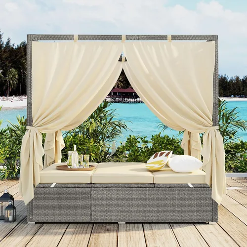 Vista 11 de Harper & Bright Designs Tumbona ajustable para exteriores con dosel, silla reclinable multiposición con cojín extraíble, tumbona de ratán resistente