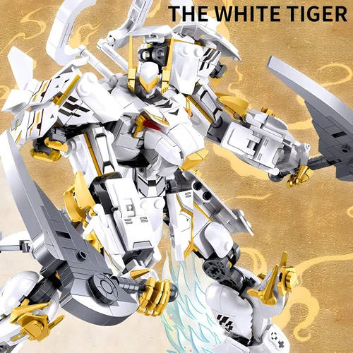 Vista 3 de CSNRHG Modelo de robot mecánico samurái de tigre blanco con doble hacha, bloques de construcción, juego de juguetes de cumpleaños mítico para niños