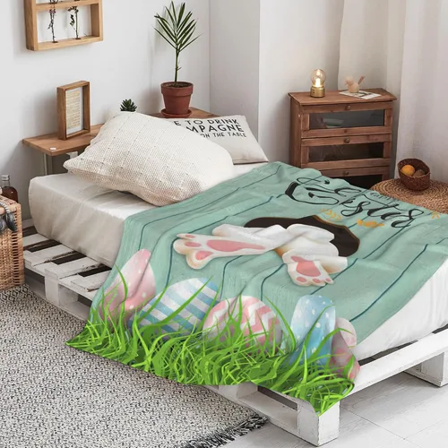 Vista 4 de Manta de Pascua para niños, cálida manta de vellón de felpa de franela, manta de cama con cola de conejo, huevos de Pascua, conejo, flores