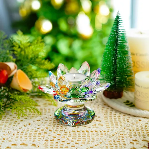 Vista 9 de H&D HYALINE & DORA Portavelas de loto de cristal multicolor (11.4 cm - Multi) K9 - Portavelas de loto de cristal para decoración del hogar, centro