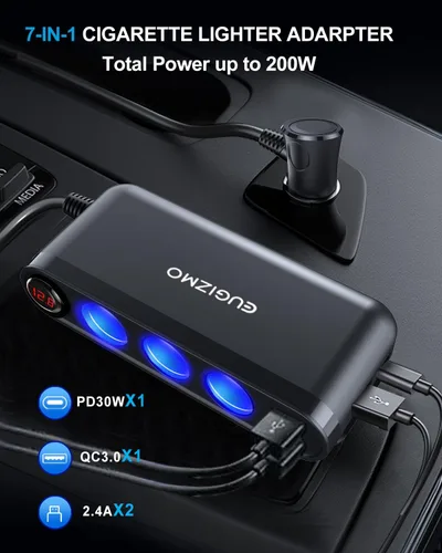 Vista 4 de Eugizmo - Divisor de encendedor de cigarrillos 7 en 1, adaptador de enchufe de cargador de coche de 200 W 1x PD30W USB-C, QC3.0 18W and 3x 2.4A