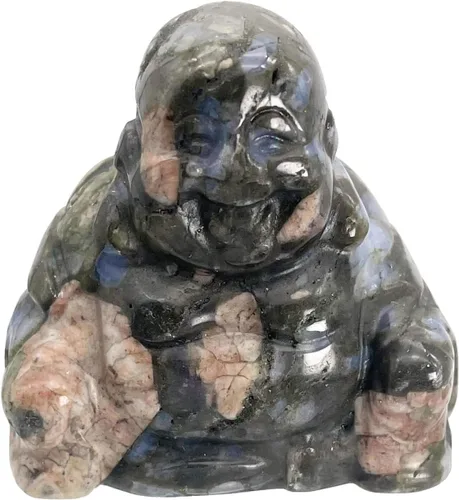 Vista 12 de Estatua de Buda feliz de Maitreya de piedra tallada a mano, escultura de bolsillo de cristal curativo, decoración de 1.5 pulgadas de alto, obsidiana
