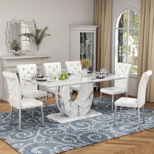 Vista 25 de Moderno juego de mesa de comedor de mármol sintético para 4, mesa de cocina rectangular blanca de 63 pulgadas con elegante base de pedestal