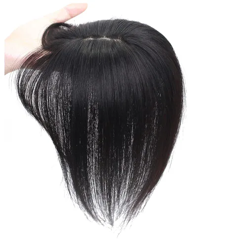 Vista 3 de Parte media parte de seda parte base cabello humano Topper 2.8x3.9 in frente recto clip en postizo con flecos Wispy 7.9 in negro apagado