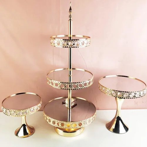 Vista 6 de Soporte redondo dorado de 8 pulgadas para tartas, soporte de pedestal de metal con cristales, plato de exhibición de quesos para bodas, fiestas