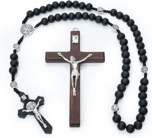 Vista 2 de MelinSam Cruz de pared de crucifijo, cruz católica hecha a mano con cuentas de rosario de madera, collar con colgante y piedras inspiradoras