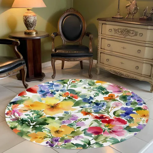 Vista 2 de Round Rugs 3 Feet, Green Yellow Floral Non Slip Area Rugs for Living Room, Bedroom, Barhroom, Entryway, Purple Blue Watercolor Retro Leaf Soft