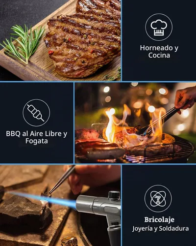 Vista 6 de RONXS Encendedor de antorcha, soplete de butano de cocina recargable, soplete de cocina con bloqueo de seguridad y llama única o doble ajustable