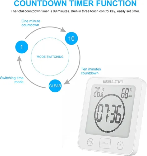 Vista 7 de Temporizador de ducha digital con pantalla táctil impermeable, pantalla de temperatura y humedad, reloj de baño con ventosas y agujero para colgar