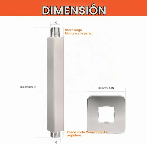 Vista 2 de Brazo de ducha para montaje en techo HarJue, brazo de extensión cuadrado para ducha de lluvia con brida y cinta de teflón de acero inoxidable