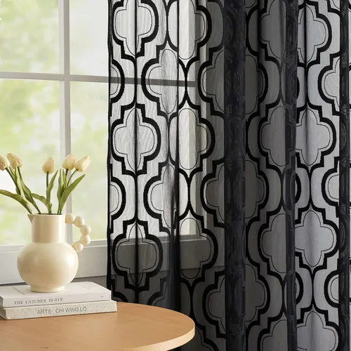 Vista 2 de Cortinas traslúcidas de encaje negro para sala de estar, dormitorio, 63 pulgadas de largo, juego de tratamiento geométrico para ventana, diseño