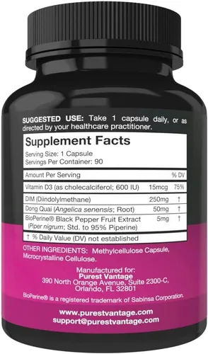 Vista 2 de Suplemento DIM puro de 250 mg de diindolilmetano más BioPerine y Dong Quai - Apoyo al equilibrio hormonal para mujeres y hombres, apoyo