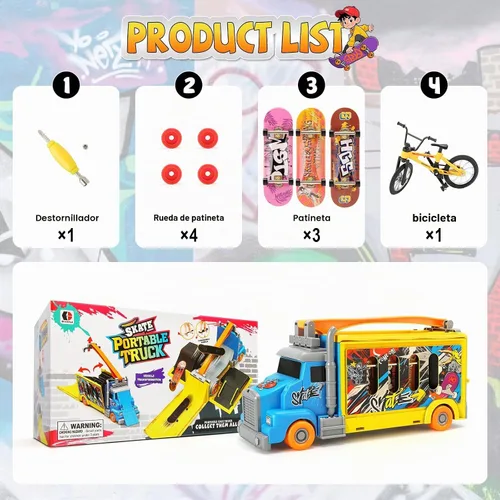 Vista 8 de Set de Parque de Patineta Hestiasko, Vehículo Camión Transformable 2-en-1 con 3 Diapasones, Bicicleta de Dedo, Rampas, Estuche de Almacenamiento