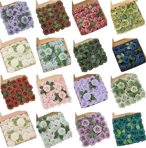 Vista 14 de Flores artificiales, 25 piezas, rosa artificial azul bebé para ramos de boda, centros de mesa, arreglos, flor falsa con tallos para decoración